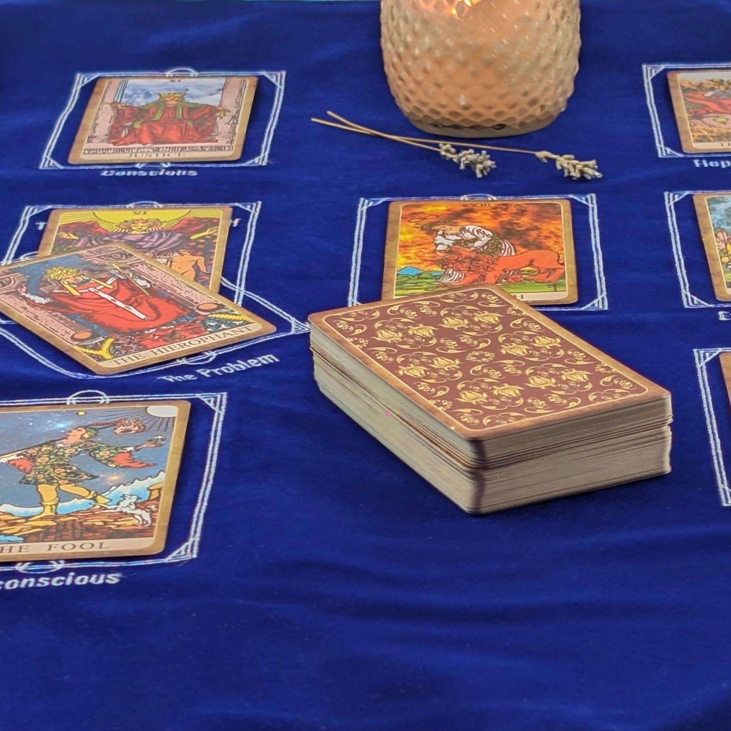 Witchy Cauldron Tarot Reading Cloth for Beginners - 27"x27" Velvet Altar Cloth with Celtic Cross Card Placement Guide, Reversible Satin Back, Works with Oracle Cards, Blue - Image 8