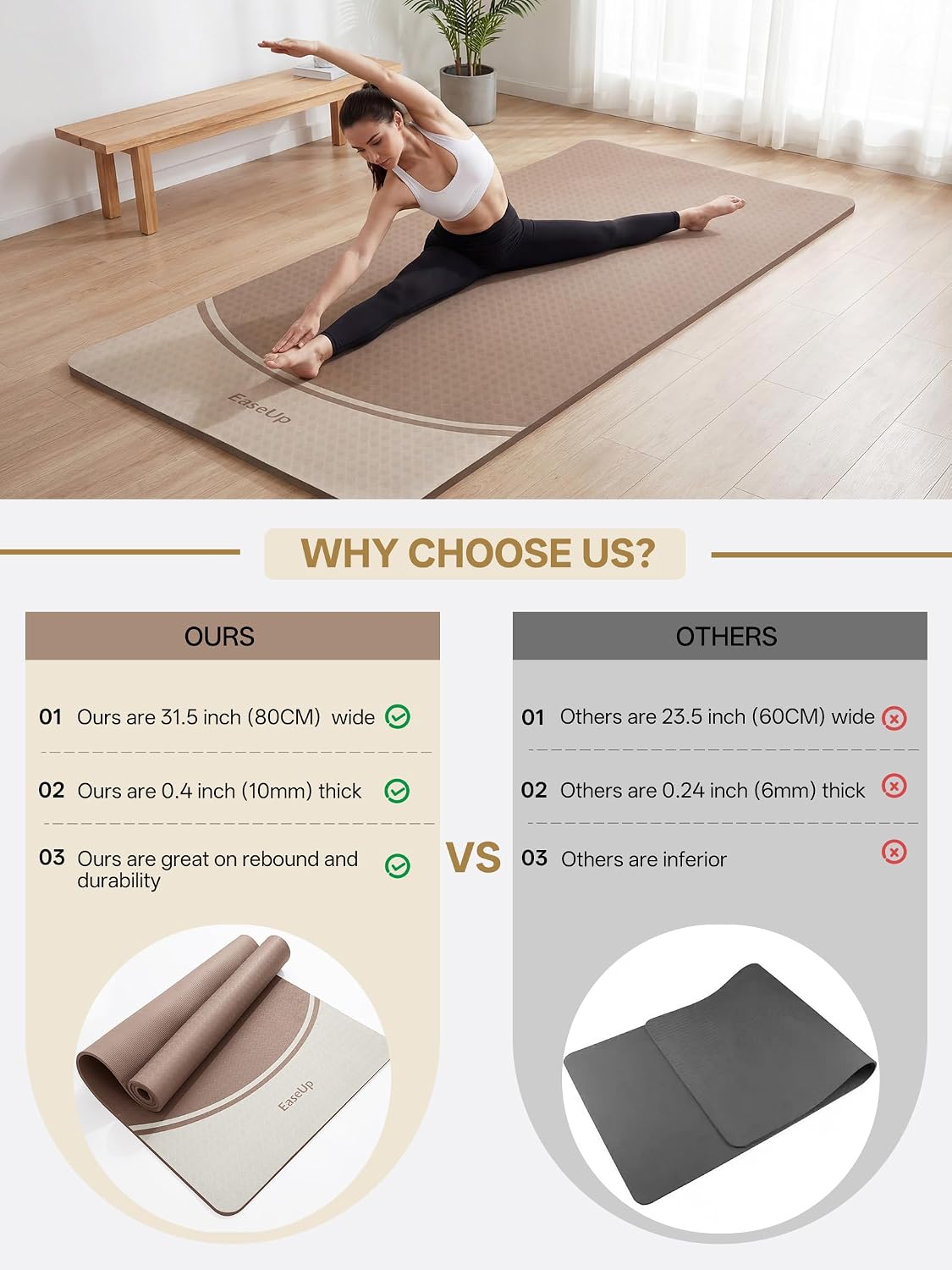 EaseUp Extra Thick Yoga Mat -2/5 inch (10MM), 72.8x31.5" Extra Long-Wide, Professional TPE Non-slip yoga mats for Yoga,Exercise, Workout,Pilates and Fitness, with strap - Image 4