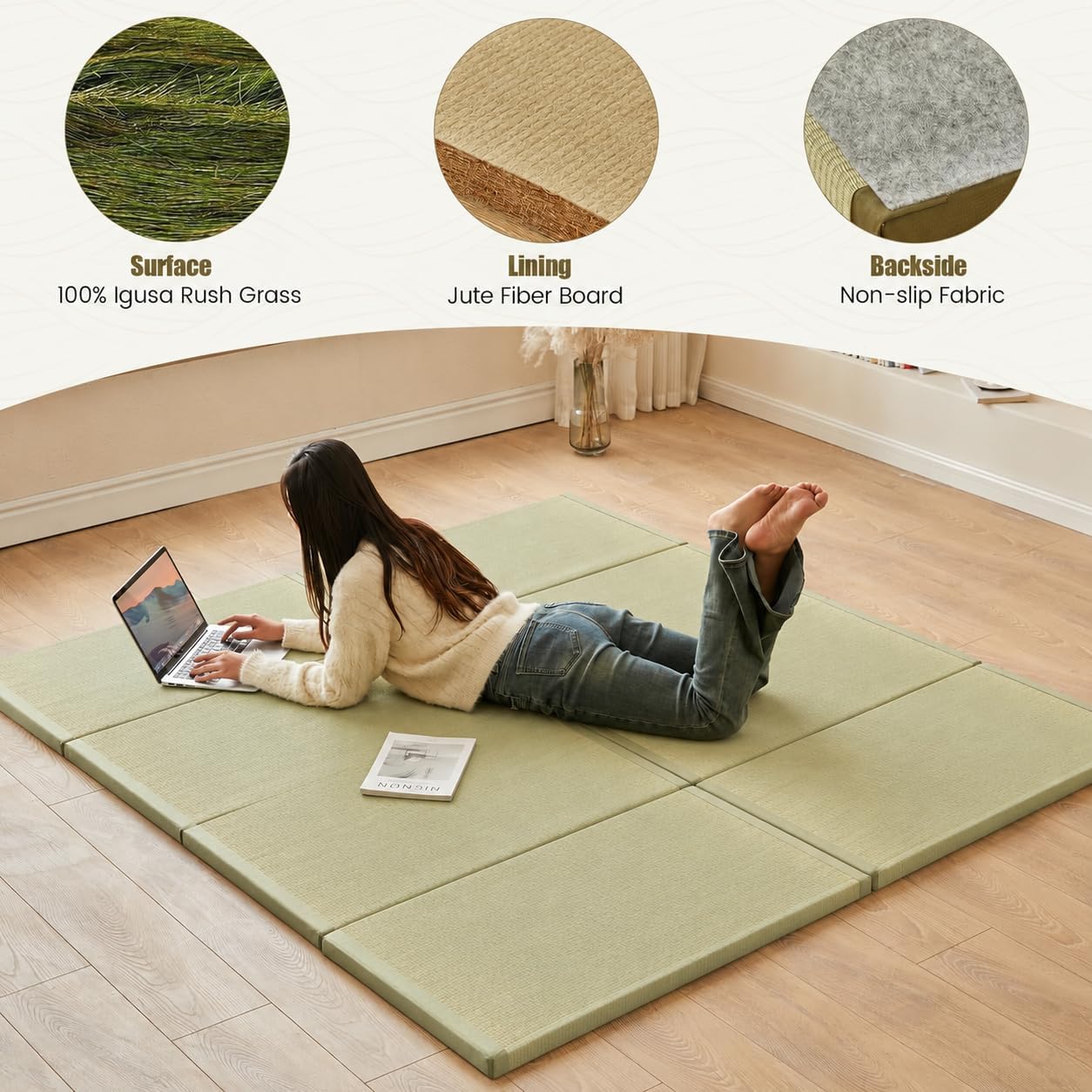 HAGiHARA Japanese Tatami Mat, Foam Board Filled Folding Floor Mattress, Rush Grass Futon, Traditional Tatami Pad for Meditation, Yoga, Sleeping, Summer Use, 35.43" x 78.74" x 1.38" - Image 4