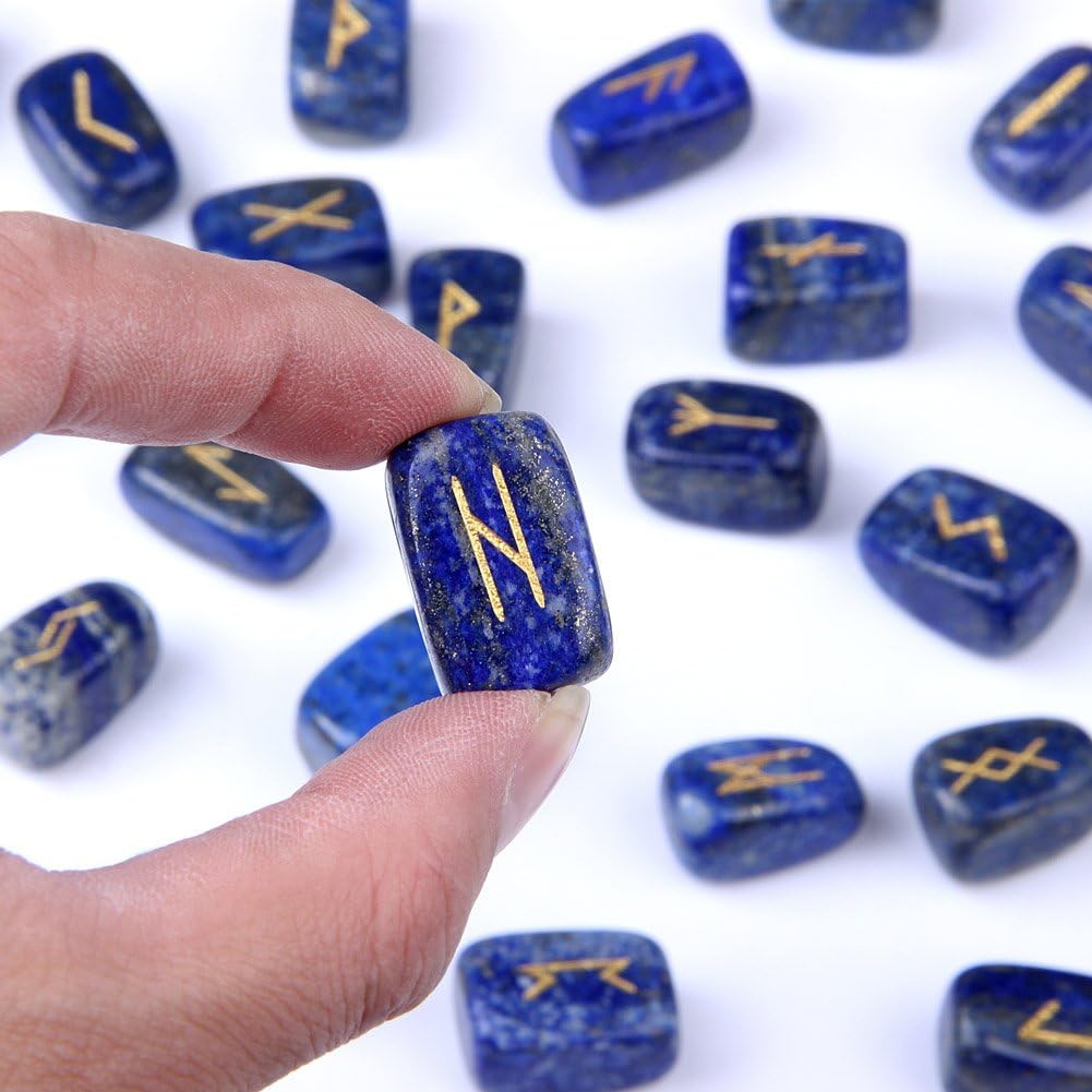 TGS Gems RN001 Lapis Lazuli Rune Stones Set Engraved Pagan Lettering with Instruction Booklet and Velvet Pouch - Image 6