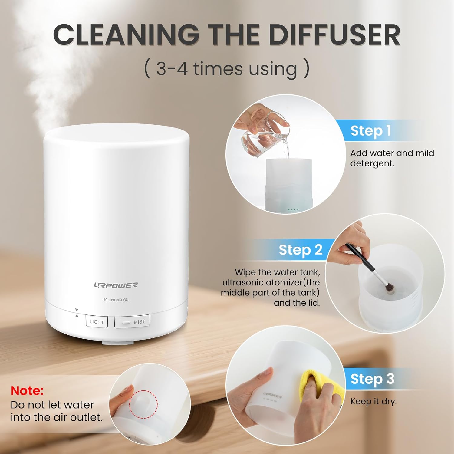 URPOWER 300ml Essential Oil Diffuser: Ultrasonic Aromatherapy Diffuser Quiet Auto Shut-Off, 4 Timer Settings(1H 3H 6H ON) & 7-Color Night Light Humidifier for Yoga Bedroom Living Room Office - Image 7