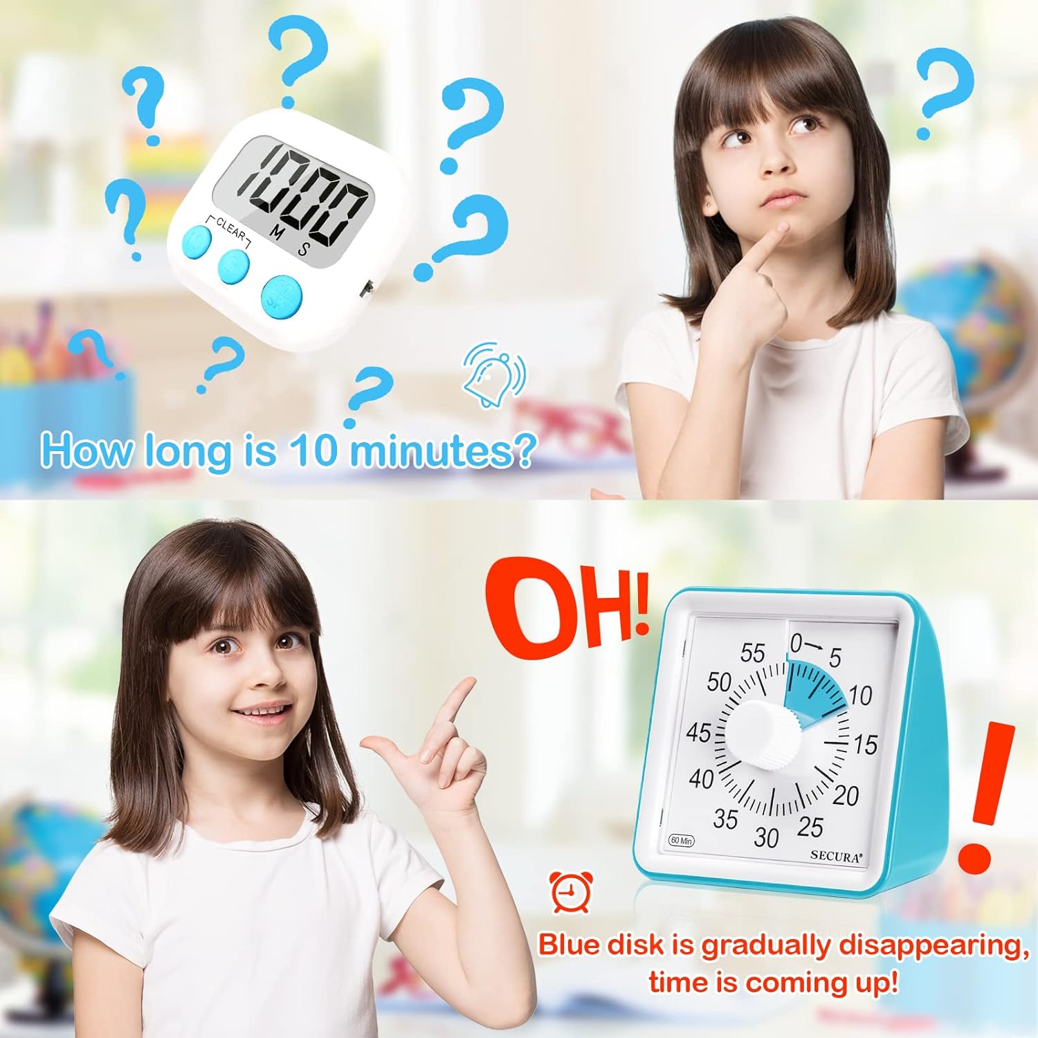 Secura 60-Minute Visual Timer, Classroom Timer, Countdown Timer for Kids and Adults, Time Management Tool for Teaching (Blue & Blue) - Image 3