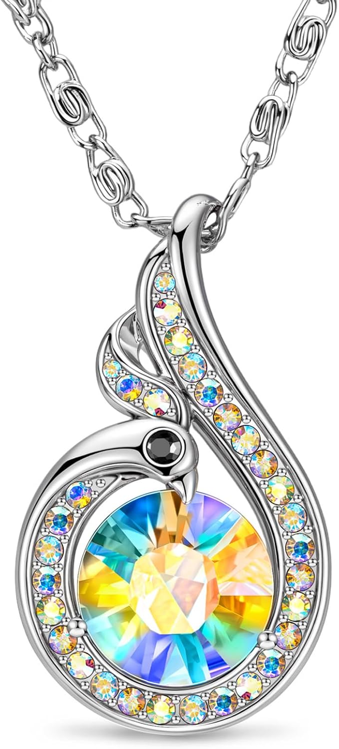 Kate Lynn Birthstone Rise From the Ashes Phoenix Necklaces for Women, White Gold Plated & Crystals from Austria, Birthday Gift for Women, Symbol of Luck and Renewal