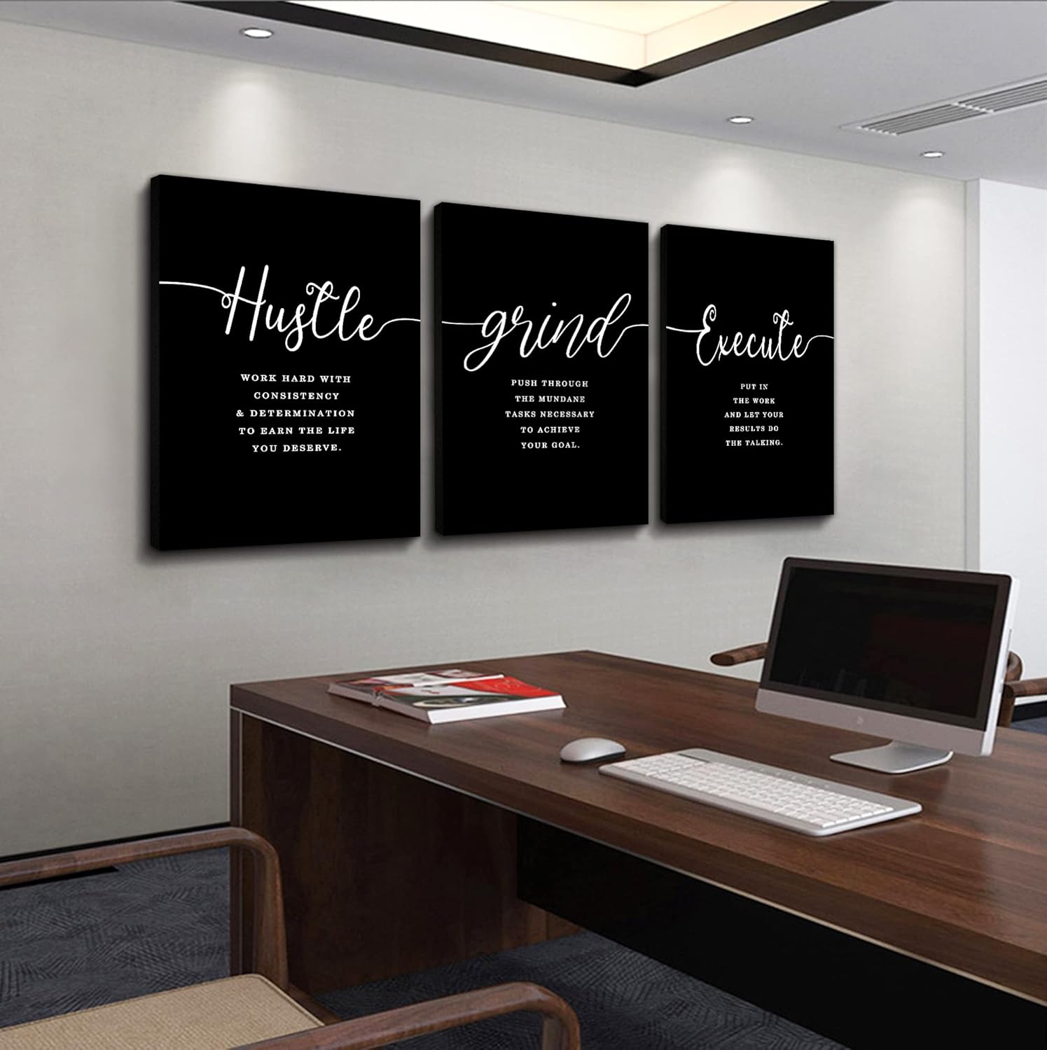 Office Decor - Hustle Quotes Execute Prints, Framed Canvas Wall Art Grind Quote, Office Wall Art, Black Large Poster, Positive MotivationalPrints, Inspirational Print (F-3pcs,12x16inchx3pcs) - Image 2