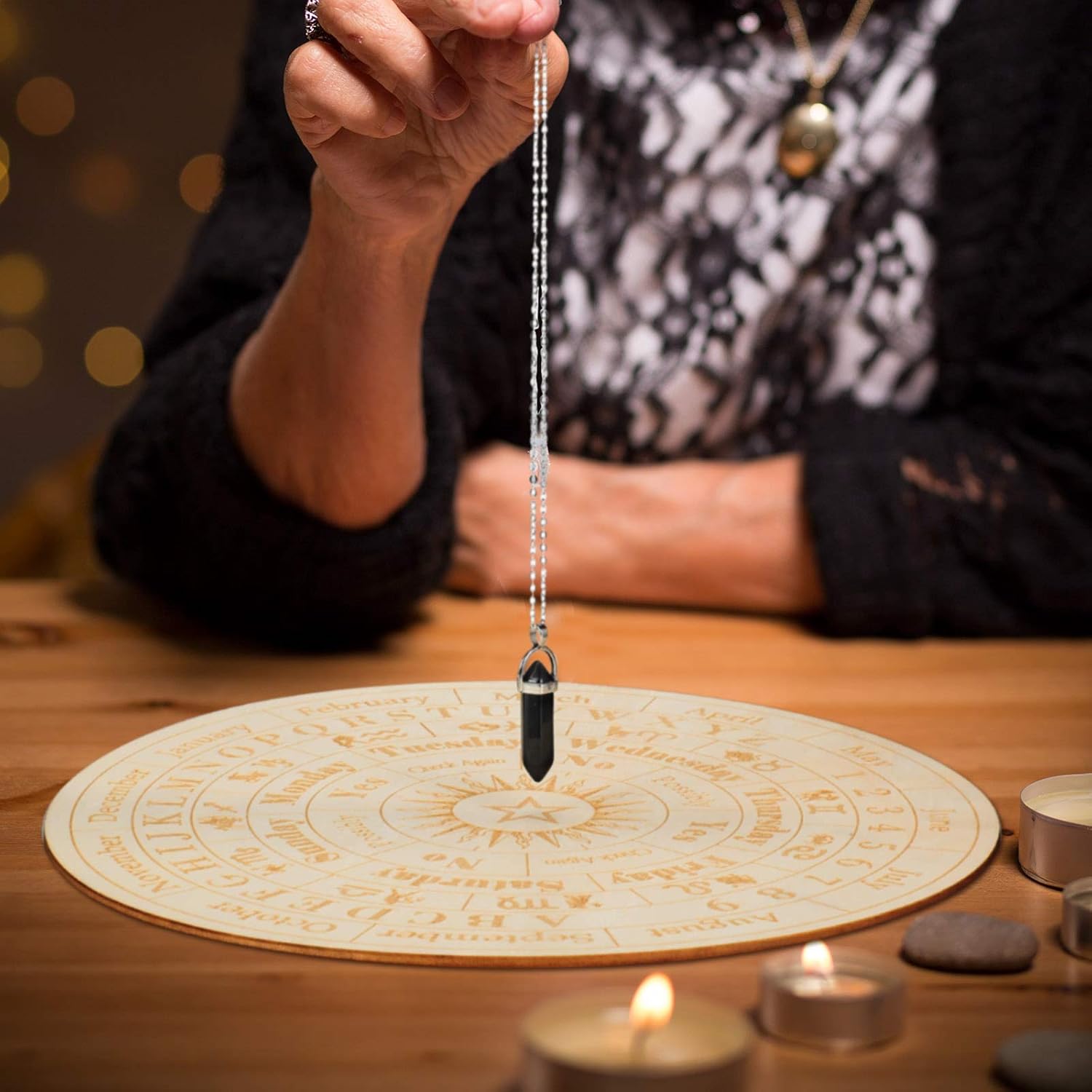 Star Pendulum Board Wooden Dowsing Board Divination Metaphysical Message Board for Witchcraft Wiccan Altar Supplies Kit Beginner Witchcraft Supply, Round Shape (9.8 Inch) - Image 6