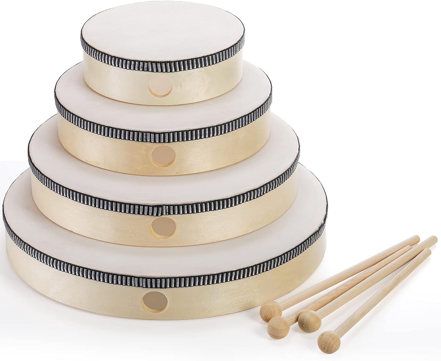 Foraineam 4 Pack Hand Drum 12 Inch 10 Inch 8 Inch 6 Inch Wood Drum Set Musical Percussion Instrument Wooden Frame Drum with Wooden Drum Sticks for Home Party Supplies - Image 4