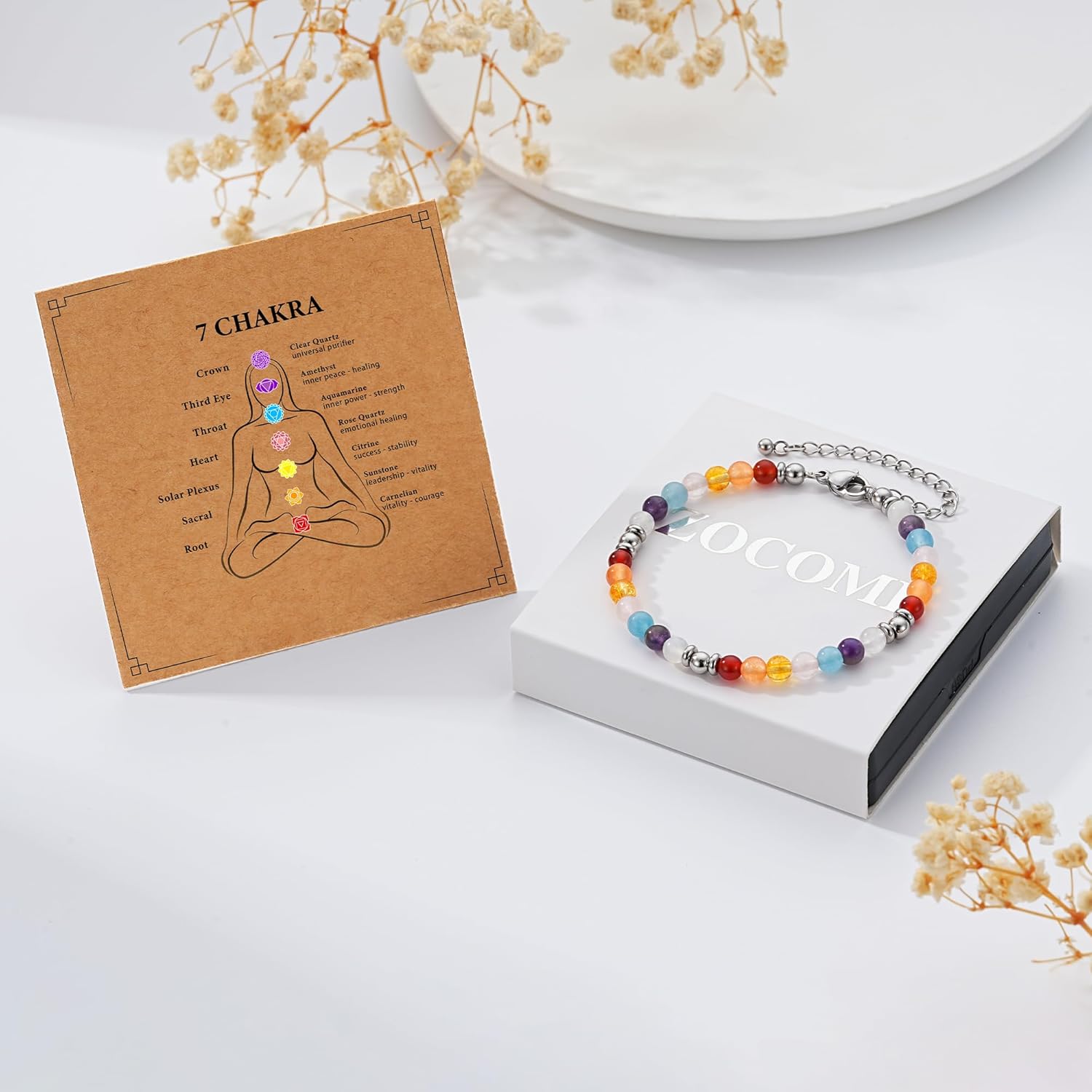 Zocomi Natural Healing Crystal Bracelet for Women, Anxiety Relief Triple Protection 7 Chakras Jewelry Gift for Friends Daughter Mom 6.5+2 Inches - Image 4