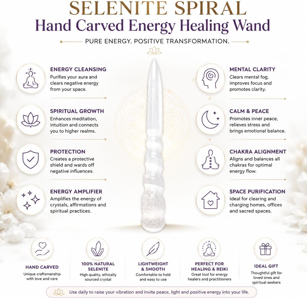 Handcrafted Natural Selenite Spiral Hand Carved Crystal Healing Wand | Metaphysical Energy Healing Wand for Reiki, Chakra Balancing,Meditation,Spiritual Cleansing, Aura Cleansing (8 inch) - Image 7