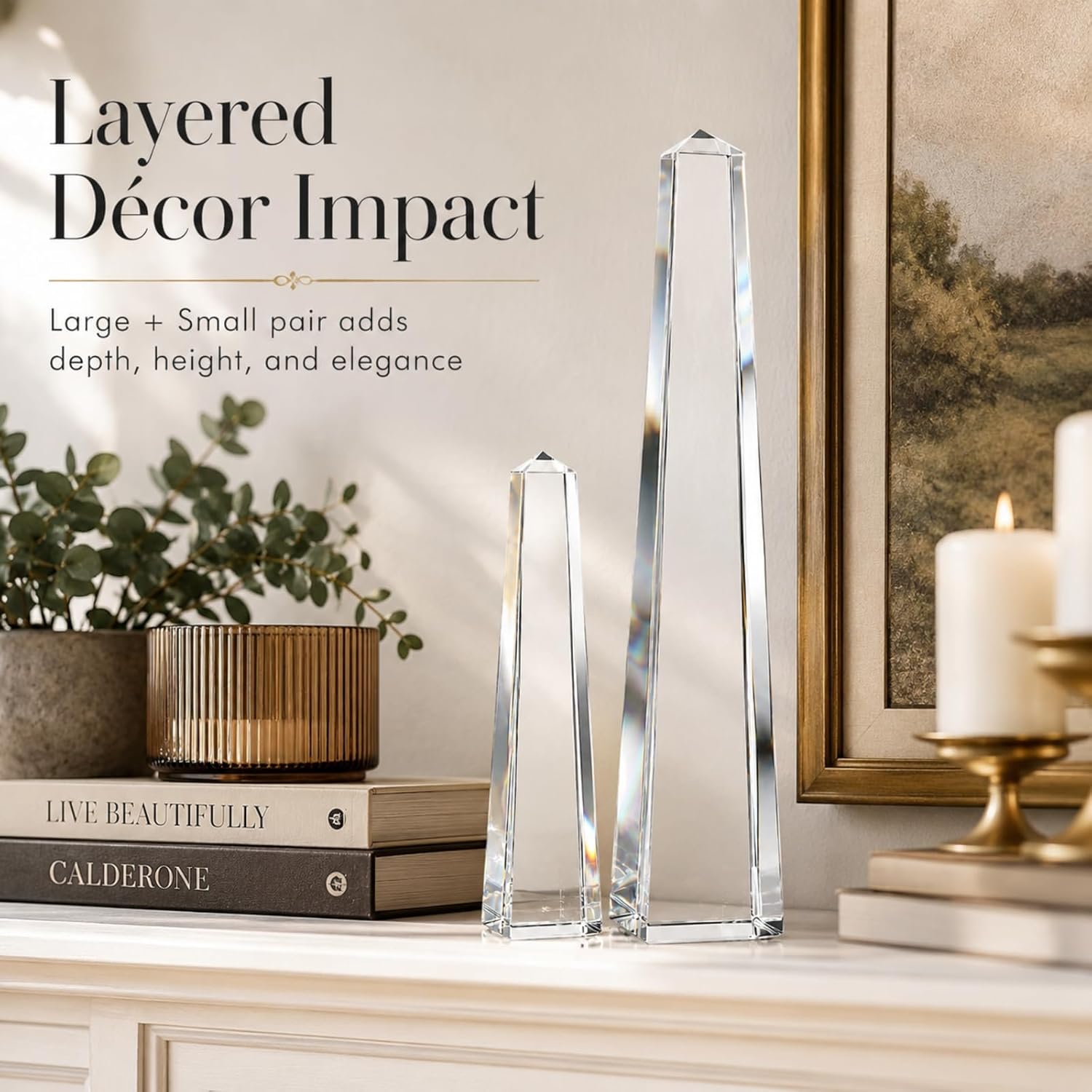 Novabright Crystal Obelisk Towers - 2 Pcs 9.25 Inch & 6.18 Inch Optical Crystal Decoration Set, Ideal for Farmhouse, Modern, and Home Decor for Mantel, Vanity, Side Table, Shelf, and Office Styling - Image 6