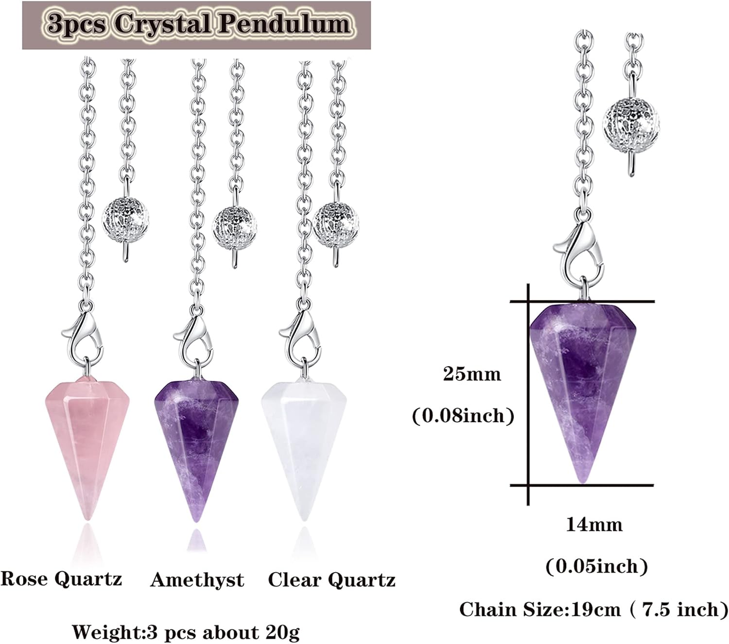 DUQGUHO 3 Pcs Crystal Pendulums Set for Divination Dowsing Natural Amethyst Rose Quartz Clear Quartz Healing Crystal Quartz Reiki Gemstone Pendants Witchcraft Wiccan Accessories - Image 4