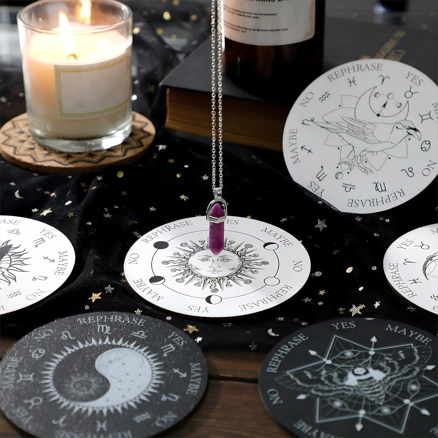 Sureio 13 Pieces Star Pendulum Board Dowsing Divination Set Included Double Sided Wooden Boards with Healing Pendulum Crystal Necklace Witchcraft Wiccan Altar Supplies - Image 5