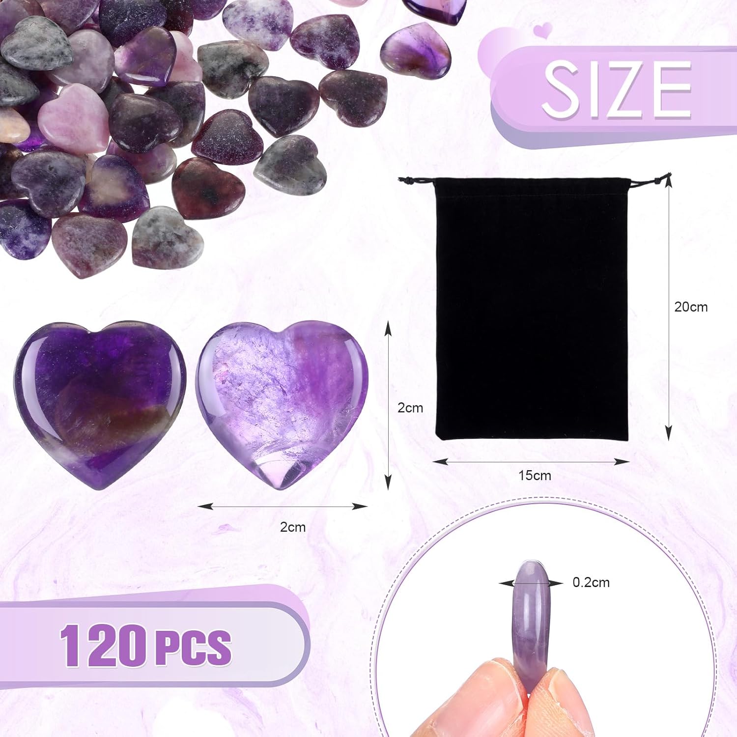 Ecation 120 Pcs Heart Quartz Bulk Crystals Stone Bulk Natural Polished Stone Heart Love Carved Healing Worry Crystal with Flannel Bag for Women Gifts(Amethyst) - Image 2