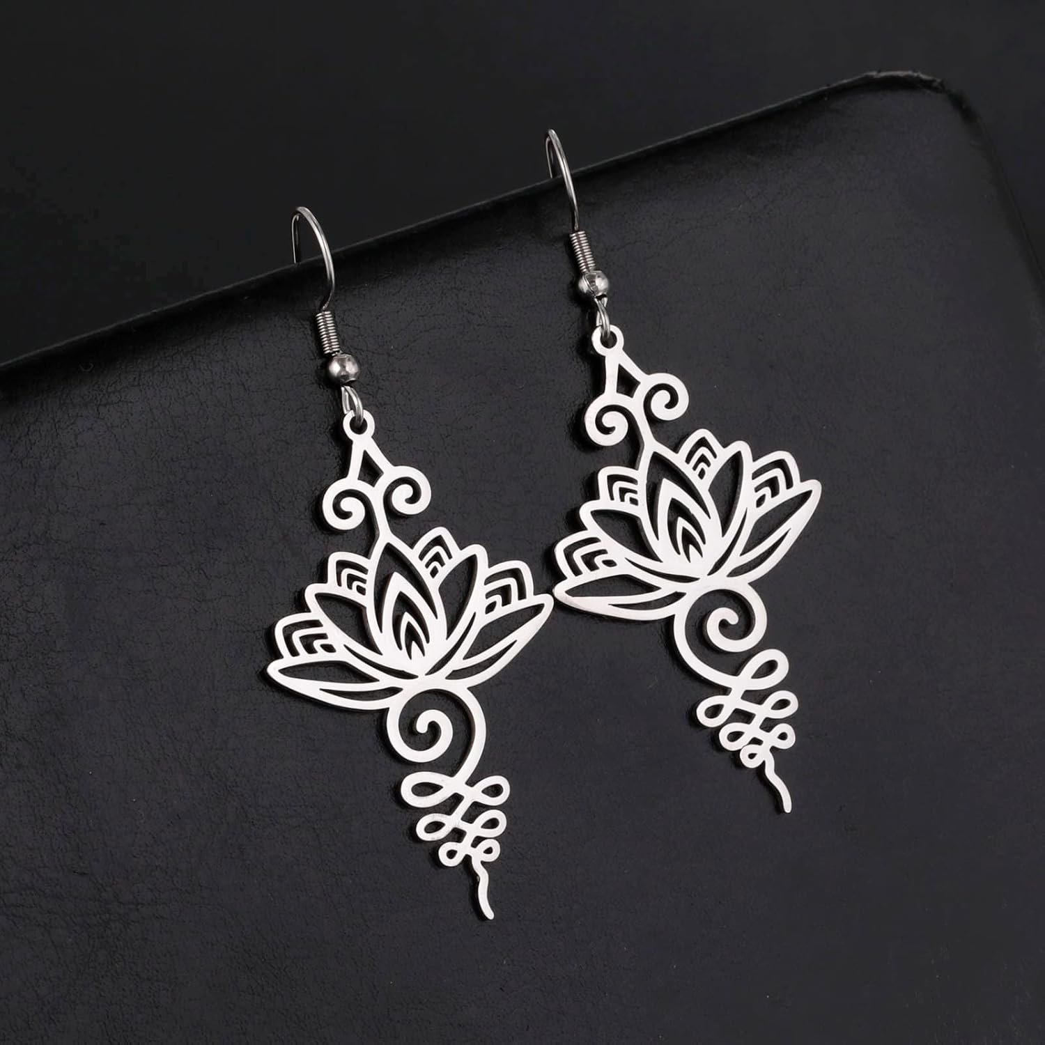 kkjoy Lotus Unalome Necklace Stainless Steel Lotus Flower Yoga Symbol Drop Earrings Inspirational Buddhism Jewelry for Women - Image 2