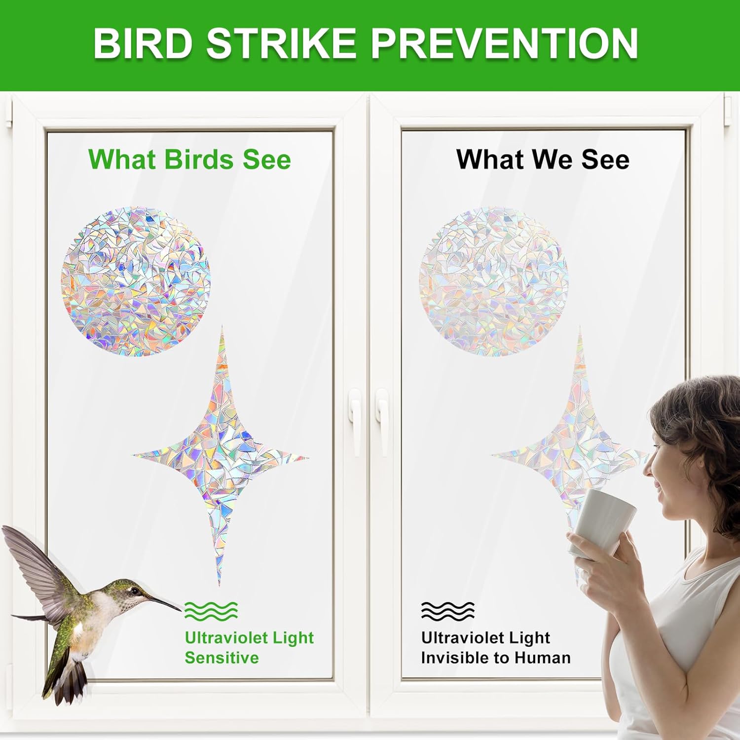 Window Decals to Prevent Birds Strikes, DELLAN 42 Anti-Collision Rainbow Window Clings, Bird Deflectors Stickers for Glass Windows (StarRound) - Image 2