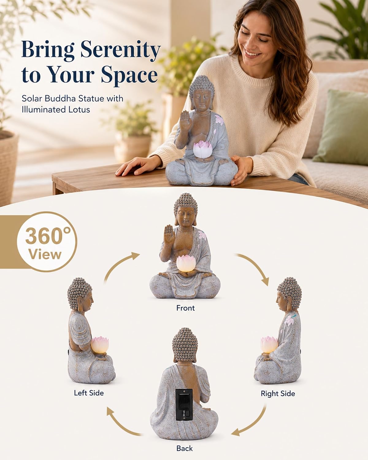 Nacome Solar Buddha Garden Statue Decor: Sitting Resin Figurine with Lotus Flower Light Zen Sculpture for Patio Lawn Yard Porch Balcony Meditation Space - 10.6 inches(White) - Image 3
