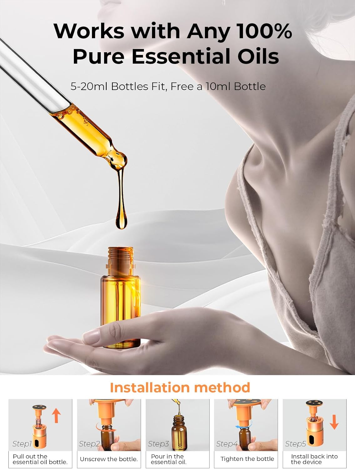 Waterless Essential Oil Diffuser: 𝟗 𝐂𝐨𝐥𝐨𝐫𝐬 𝐋𝐄𝐃 Scent Diffuser for Home&Car&Office - Portable Diffuser with 48H Battery, 4 Timers & 3 Mist Levels, Bright Orange - Image 8
