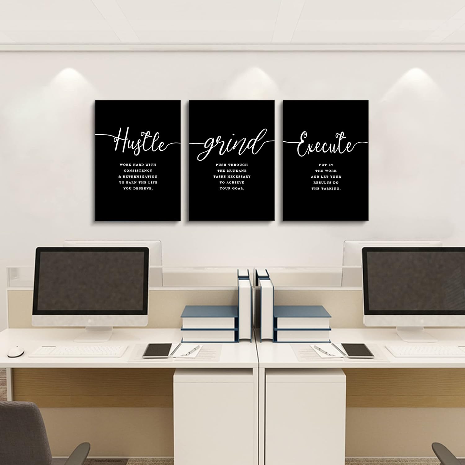 Office Decor - Hustle Quotes Execute Prints, Framed Canvas Wall Art Grind Quote, Office Wall Art, Black Large Poster, Positive MotivationalPrints, Inspirational Print (F-3pcs,12x16inchx3pcs) - Image 3