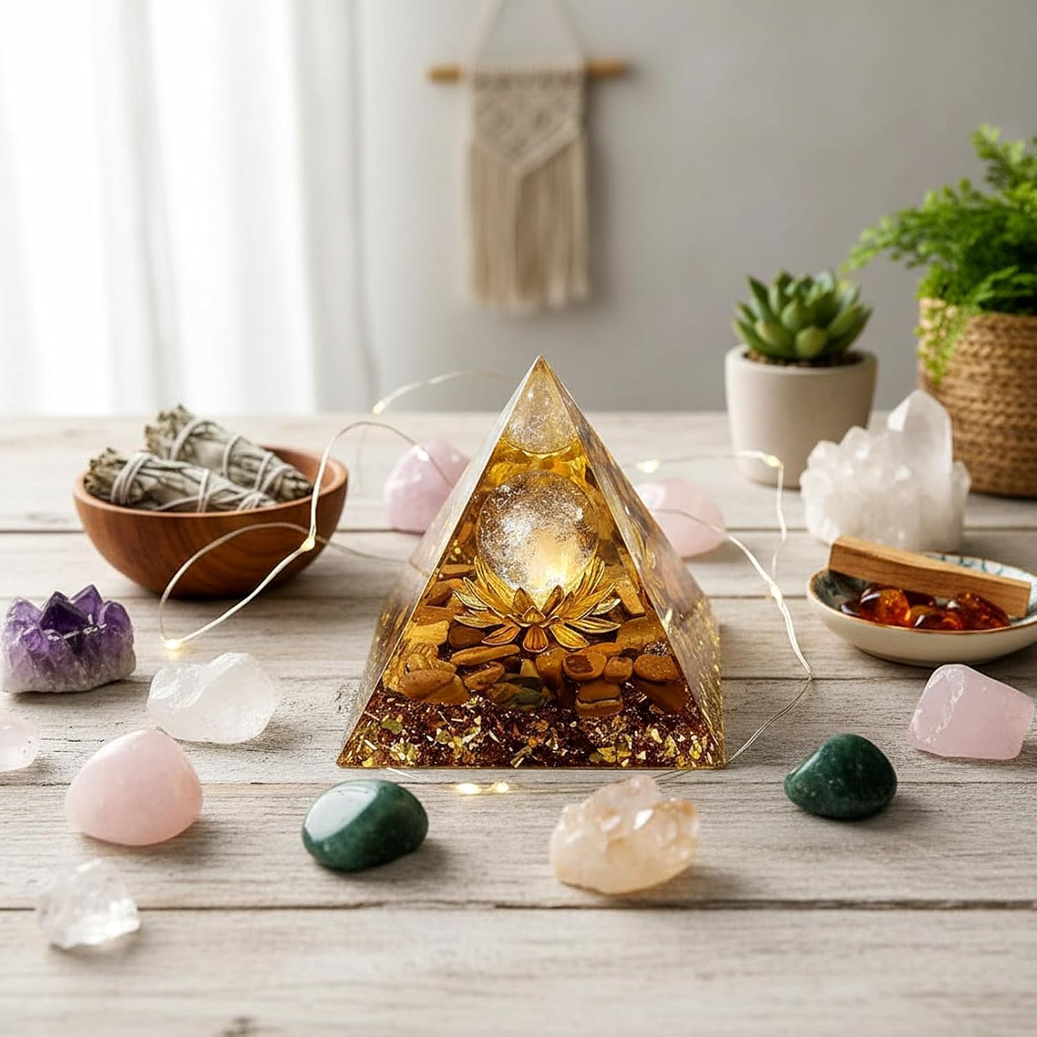 Orgone Pyramid Flower of Life Orgonite Money Healing Crystals Pyramid for Positive Energy with Tiger's Eye Stones and Luck White Crystal That Promotes Wealth, Prosperity and attracts Success - Image 4