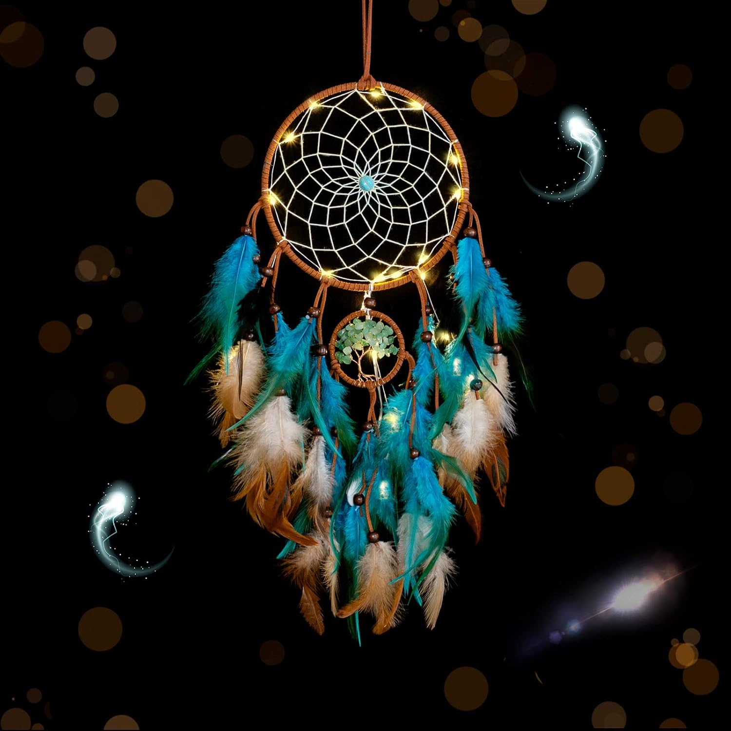 Dream Catcher Blue Tree of Life with Feathers, Mobile LED Fairy Lights Handmade Indians Traditional Circular Net for Wall Hanging Decor, Bedroom Kids, Home Decoration Wedding Party Blessing Gift - Image 5
