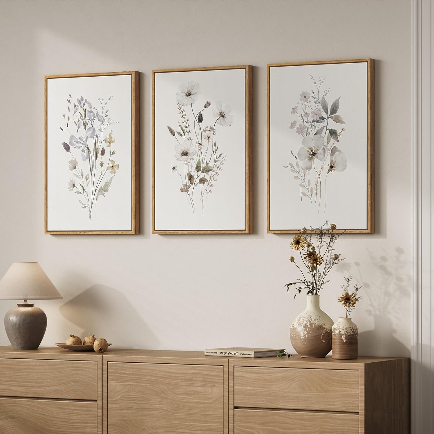 Framed Neutral Floral Botanical Wall Art Set of 3, Modern Farmhouse Flower Canvas Prints Paintings, Rustic Minimalist Wildflower Plant Pictures for Living Room Bedroom Hallway Wall Decor, 16x24 Inch - Image 8