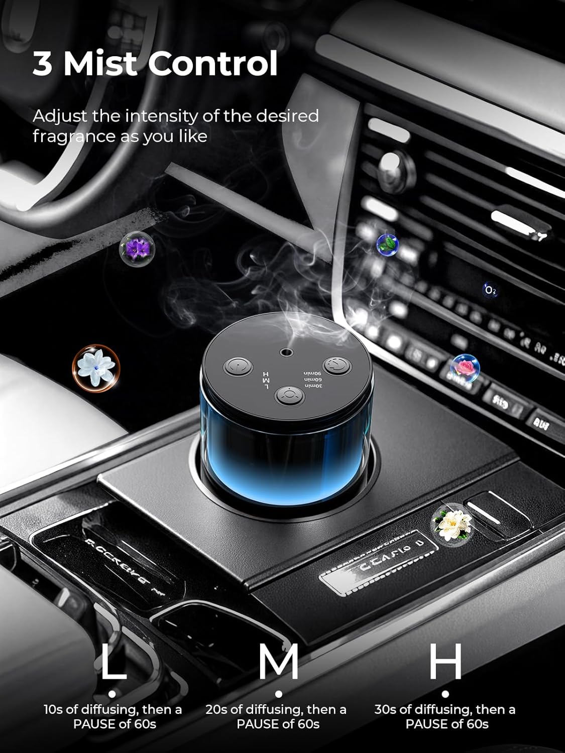 Waterless Essential Oil Diffuser: 𝟗 𝐂𝐨𝐥𝐨𝐫𝐬 𝐋𝐄𝐃 Scent Diffuser for Home&Car&Office - Portable Diffuser with 48H Battery, 4 Timers & 3 Mist Levels, Carbon Black - Image 4