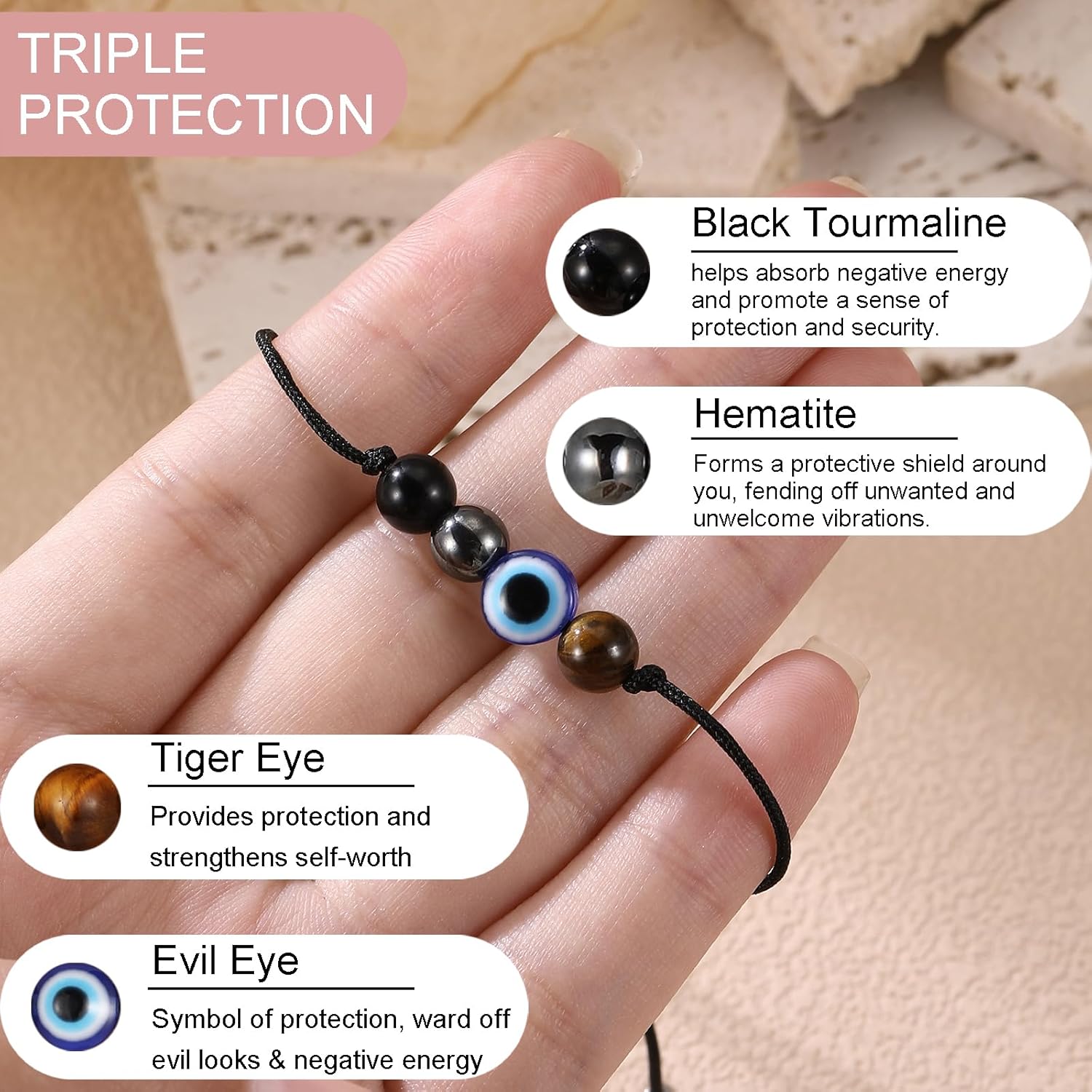 Triple Threat Protection Anxiety Relief New Beginnings Gifts for Women Men, Natural Healing Crystal Bracelet Evil Eye Moonstone Tourmaline Amethyst Jewelry for Family Friends Coworker - Image 4