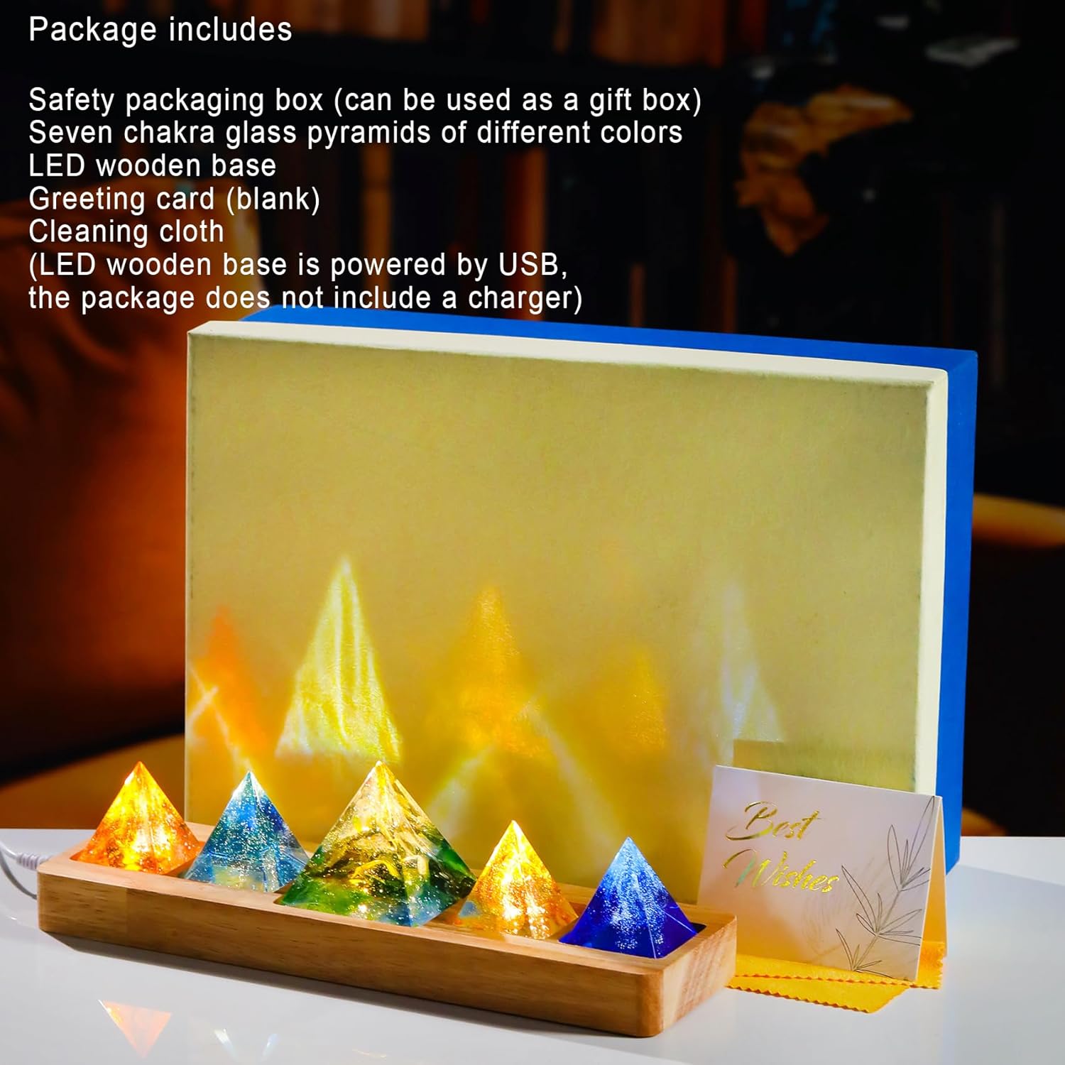 Ornalrist 5 Chakra Natural Healing Pyramid with Wooden LED Light Base Crystal Quartz Pyramid for Meditation, Positive Energy, Sleep, Spiritua Night Light Home Decor - Image 5