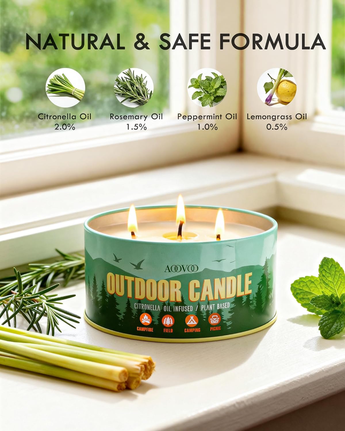 AOOVOO Citronella Candles Outdoor - 3 Wick 12oz Large Camping Candle, Soy Wax Non Toxic, Strong Citronella Scented Candle for Patio Backyard Garden Picnic - Image 2