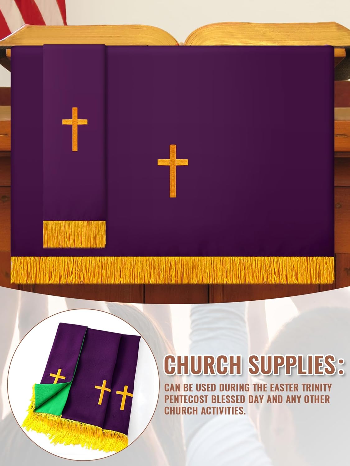 Cutecrop Set of 3 Reversible Parament Set Clergy Table Runner Bookmark Altar Cloth Pulpit Scarf with Gold Cross Church Pulpit Accessories for Christian Sanctuary Gift(Green and Purple) - Image 5