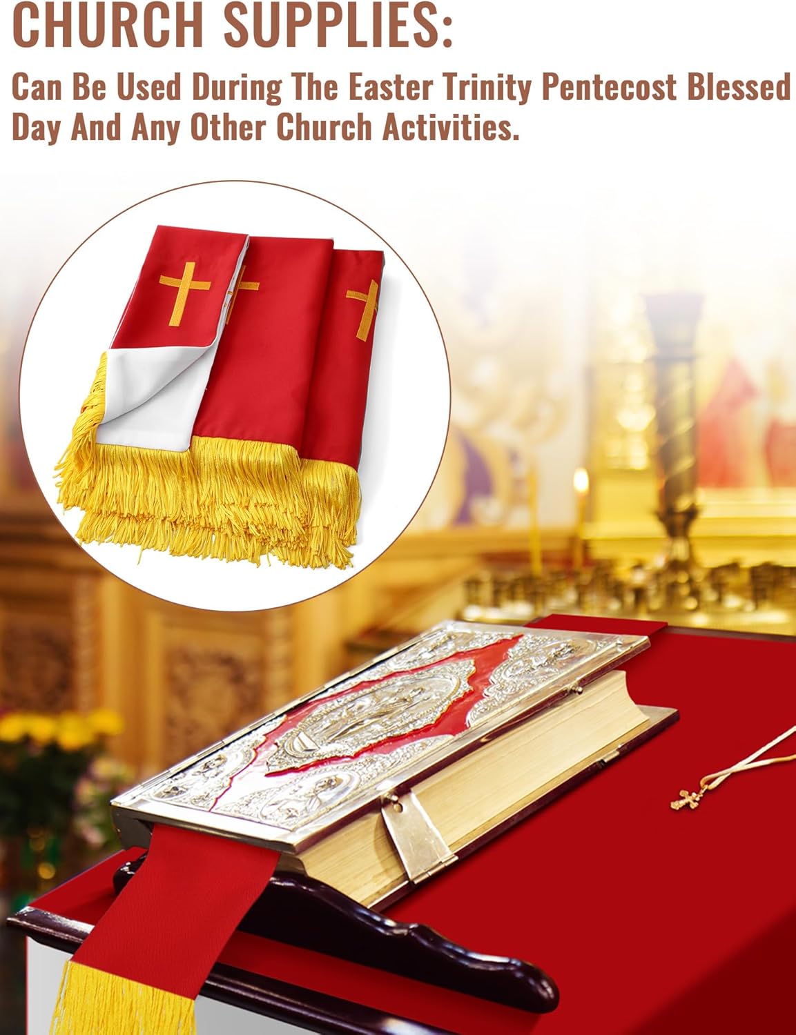 Cutecrop Set of 3 Reversible Parament Set Clergy Table Runner Bookmark Altar Cloth Pulpit Scarf with Gold Cross Church Pulpit Accessories for Christian Sanctuary Gift(Red and White) - Image 6
