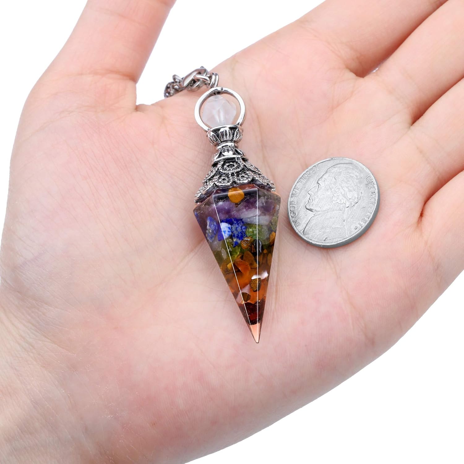 GEHECRST Natural 7 Chakra Healing Crystal Dowsing Pendulum Reiki Gemstone Chips Orgone Pendulum 6 Faceted Hexagonal Pointed Resin Spiritual Pendant for Divination, Wicca, Energy Balancing - Image 9
