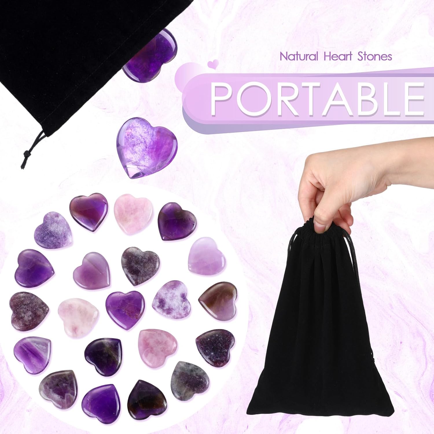 Ecation 120 Pcs Heart Quartz Bulk Crystals Stone Bulk Natural Polished Stone Heart Love Carved Healing Worry Crystal with Flannel Bag for Women Gifts(Amethyst) - Image 7
