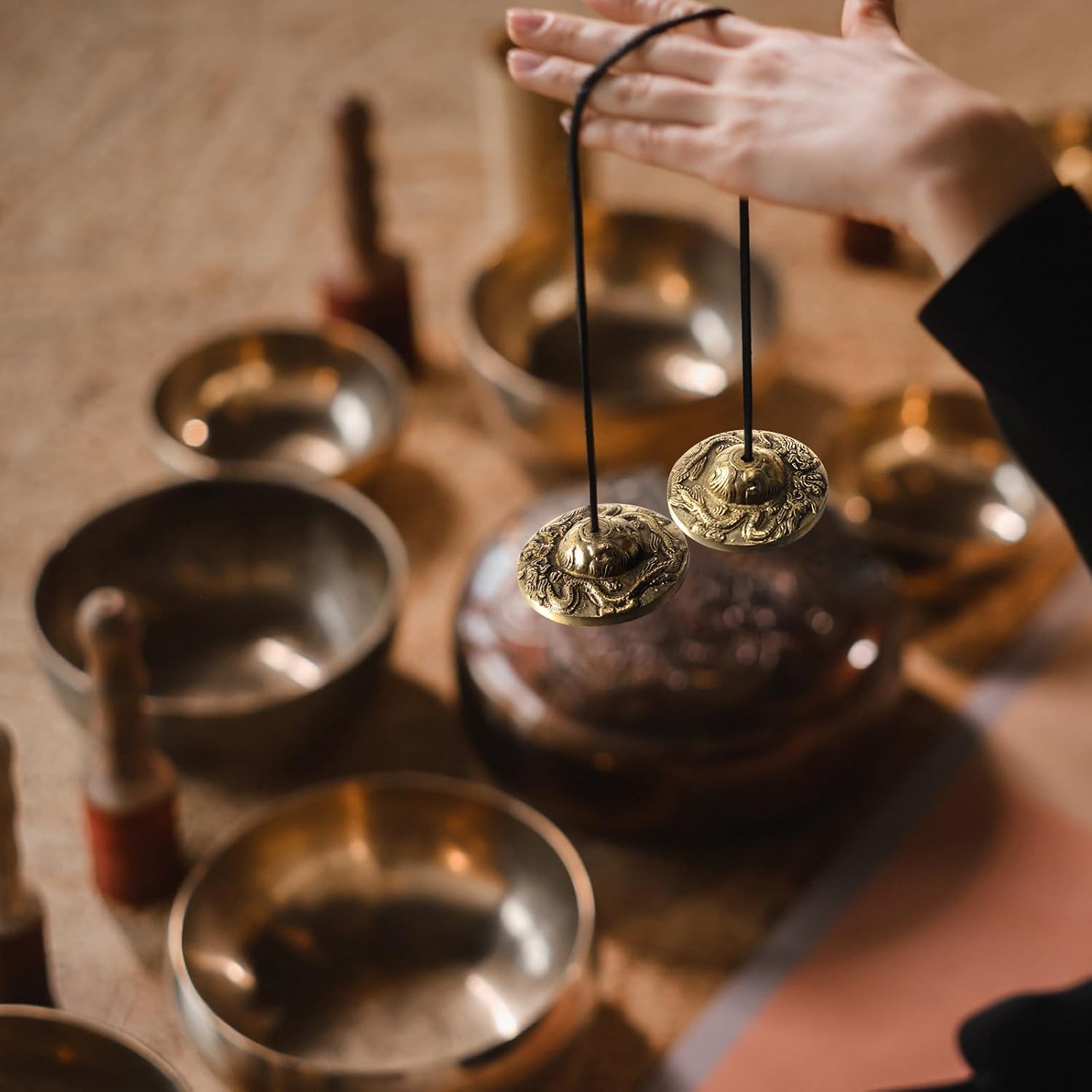 Boao Tibetan Bells Tingsha Cymbals Meditation Chime Bells with Tibetan Drawstring Cloth Bag, 6.3 cm Yoga Finger Meditation Chime for Percussion Instrument(2 Dragons with Bell Embossed) - Image 5