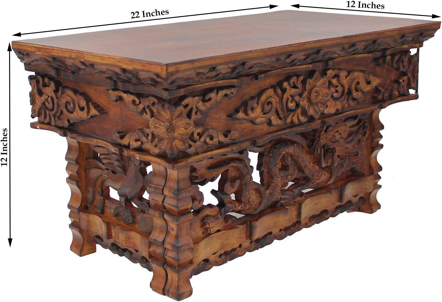 DharmaObjects Solid Indian Elm Wood Hand Carved Floor Shrine Altar Meditation Table (Large, Dark) - Image 3
