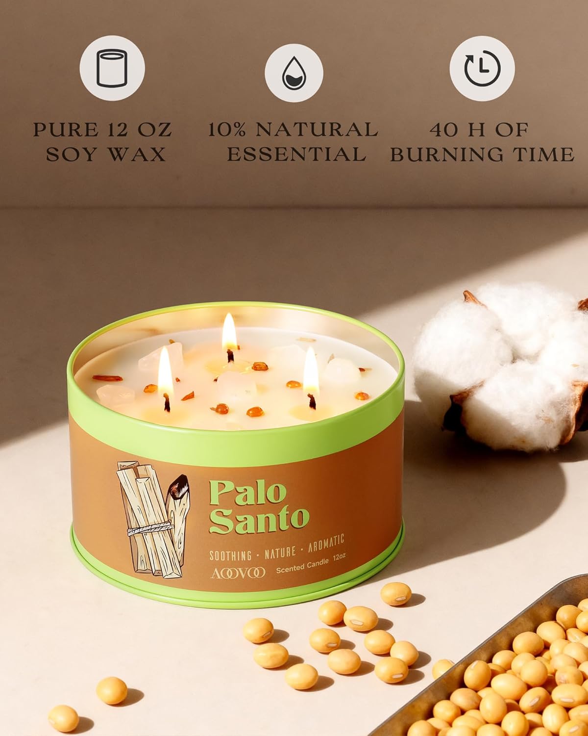 AOOVOO Palo Santo Candle for Meditation & Cleansing - 3 Wick 12oz Scented Candle with White Crystals & Palo Santo Inside, Non-Toxic Soy Candle for Spiritual Healing, Aromatherapy Gift for Women & Men - Image 3