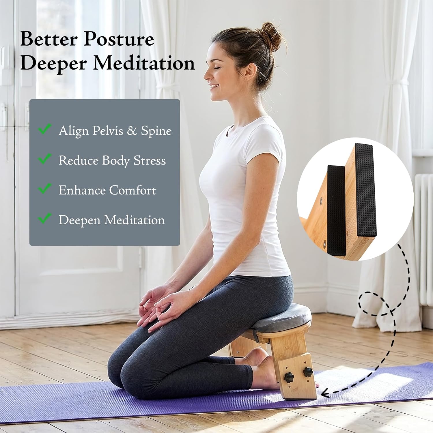 Adjustable Height Meditation Bench with Velvet Cushion, Bamboo Folding Prayer Kneeling Stool Yoga Meditation Chair, Zen Prayer Bench - Image 6