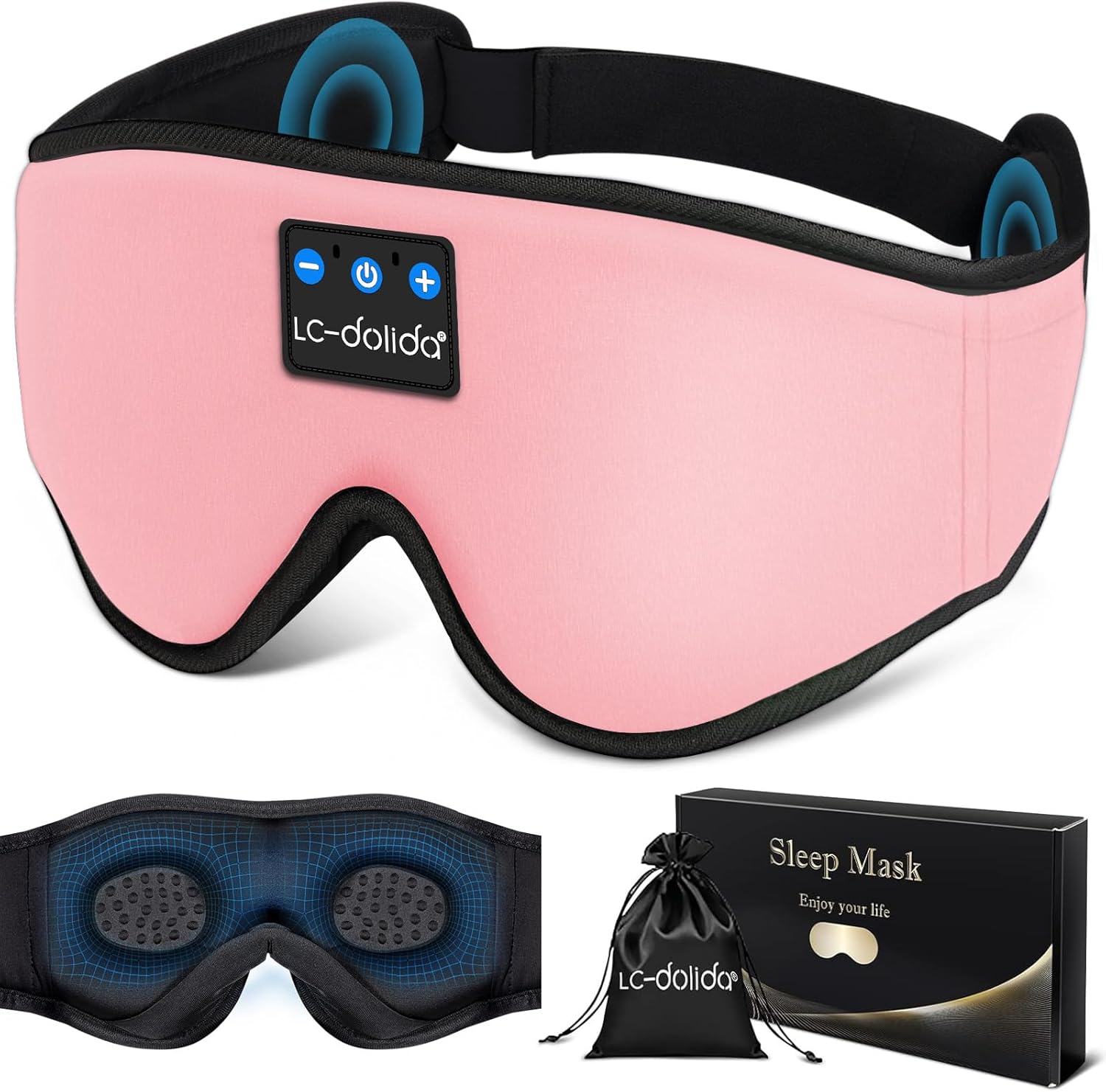 LC-dolida Sleep Headphones, Sleep Mask Bluetooth Wireless Music Eye Mask, Sleeping Headphones for Side Sleepers Sleep Mask with Bluetooth Headphones Ultra-Thin Stereo Speakers Perfect for Sleeping