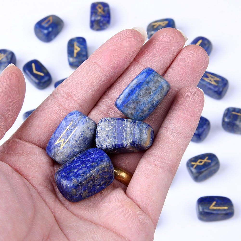 TGS Gems RN001 Lapis Lazuli Rune Stones Set Engraved Pagan Lettering with Instruction Booklet and Velvet Pouch - Image 7
