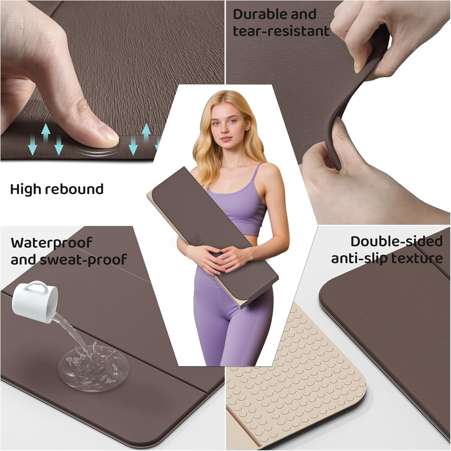 Foldable Yoga Mat Exercise Mat for Home Workout, Comfortable and Durable, 8mm Thick Portable Folding Mat, Non-Slip, Pilates Mat Thick, Outdoor Use, Meditation, Travel, Camping (71"x24" x 0.3") (Milk Coffee + Black) (Brown+Black) - Image 4