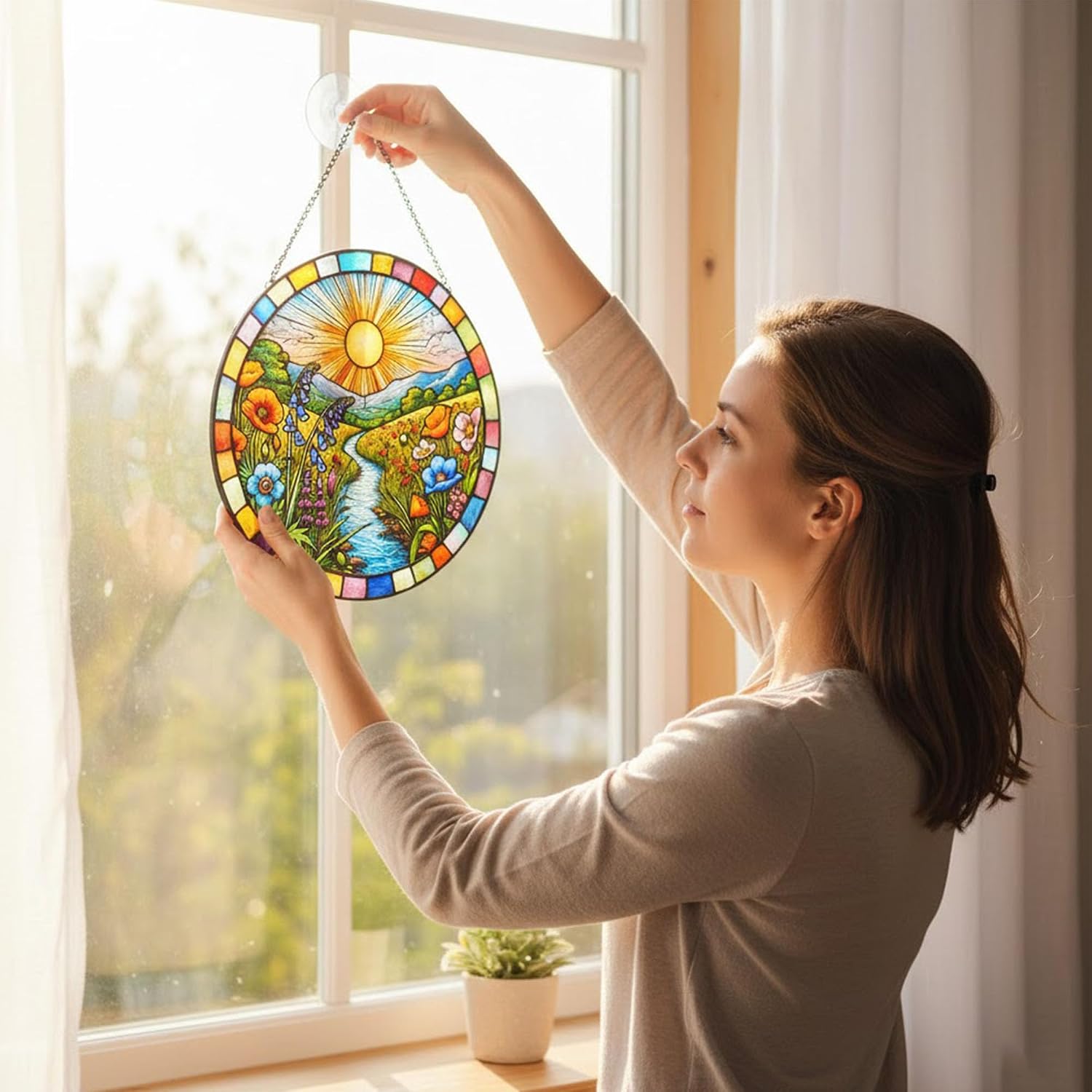 Stained Glass Window Hanging, Scenery Sun Catchers Stained Glass Panels for Indoor Windows Wall Art Decor, Birthday Gift for Mom Women Wife Men Lovers (7.87inch) - Image 8
