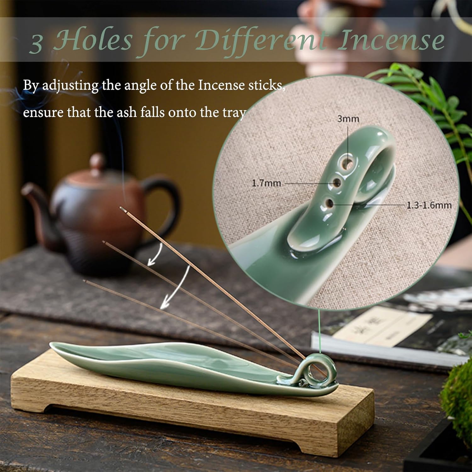 9" Length Incense Stick Holder with 3 Holes, White Porcelain Incense Tray Ash Cather for Spa, Meditation Room, Yoga, Home, Office (Green) - Image 3