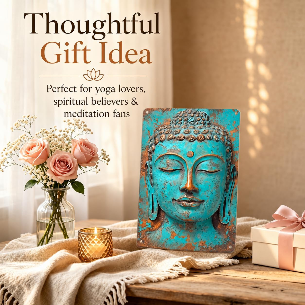 Turquoise Buddha Metal Wall Art, 8x12 Inch Vintage Zen Buddha Aluminum Sign, Rustic Spiritual Decor for Yoga Studio, Meditation Room, Boho Home Accent - Image 2