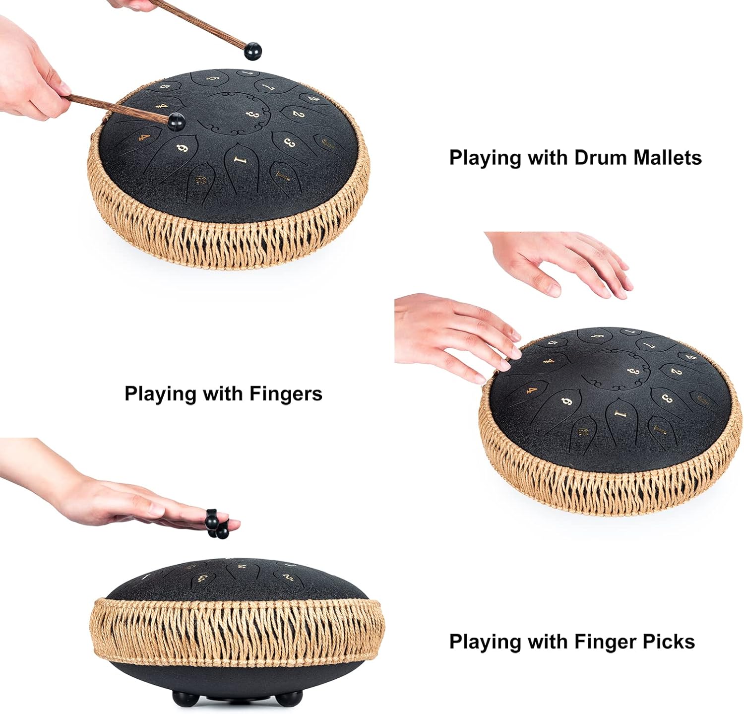 HOPWELL Steel Tongue Drum - 15 Note 12 Inch Tongue Drums - Percussion Instruments - Hand Pan Drum with Music Book, Drum Mallets and Carry Bag, D Major, Black - Image 4