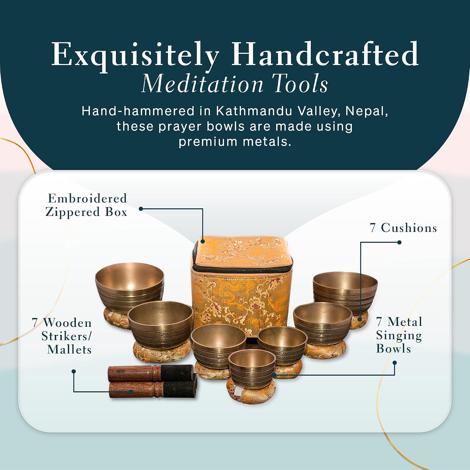 Tibetan Singing Bowl Set of 7, Handmade Singing Bowl for Meditation & Holistic Healing, Yoga Accessories, 3-5” Brass Singing Bowls with Wooden Striker, Cushion & Gold Carry Box - Image 6