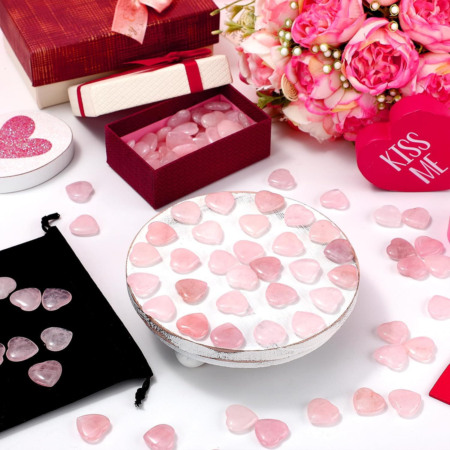 Ecation 120 Pcs Heart Quartz Bulk Crystals Stone Bulk Natural Polished Stone Heart Love Carved Healing Worry Crystal with Flannel Bag for Women Gifts(Rose Quartz) - Image 6