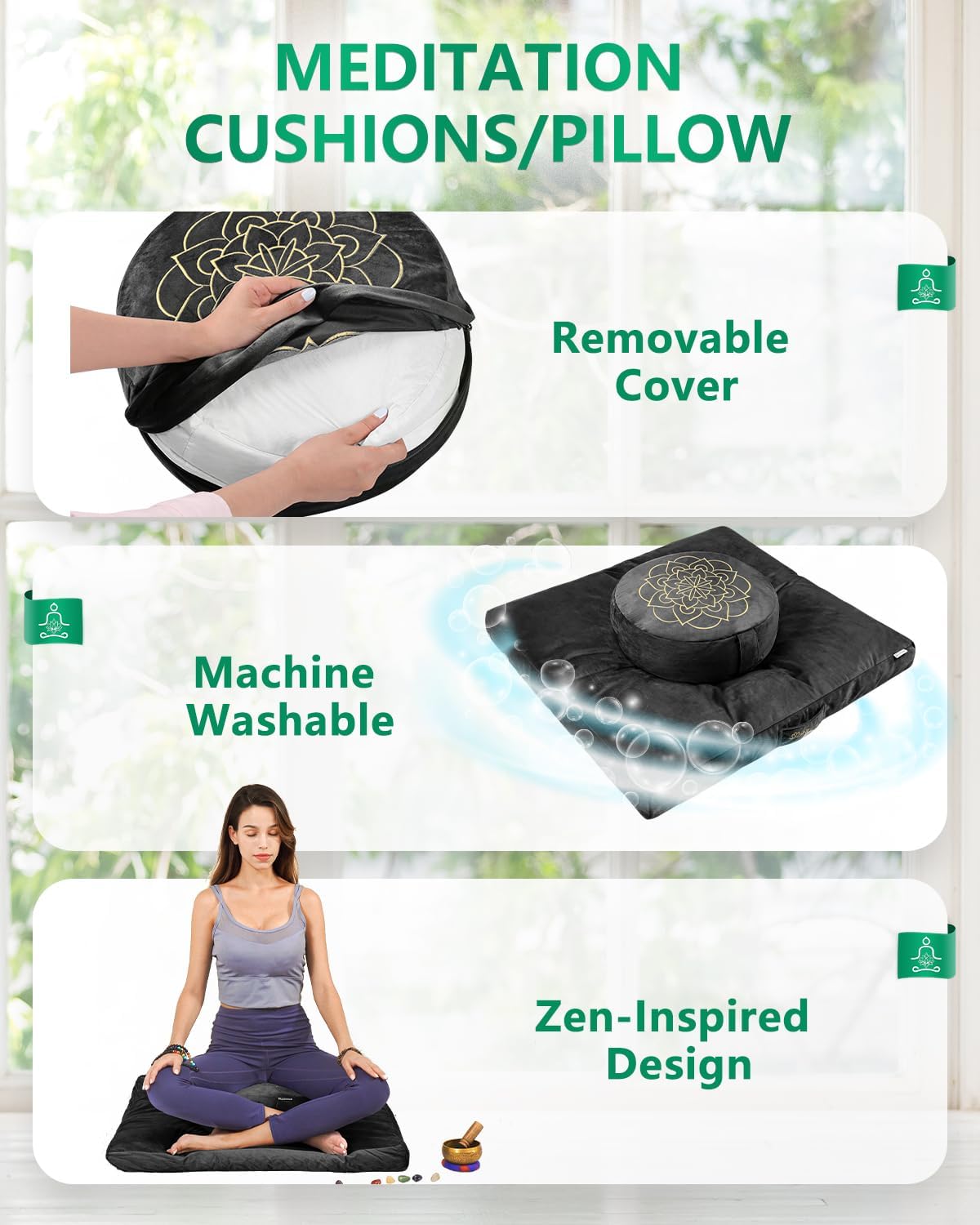 Hihealer Meditation Cushion Set Large Velvet Floor Pillow & Traditional Tibetan Yoga Bolster for Adults Zafu Meditation Mat with Buckwheat Filling (Black) - Image 3