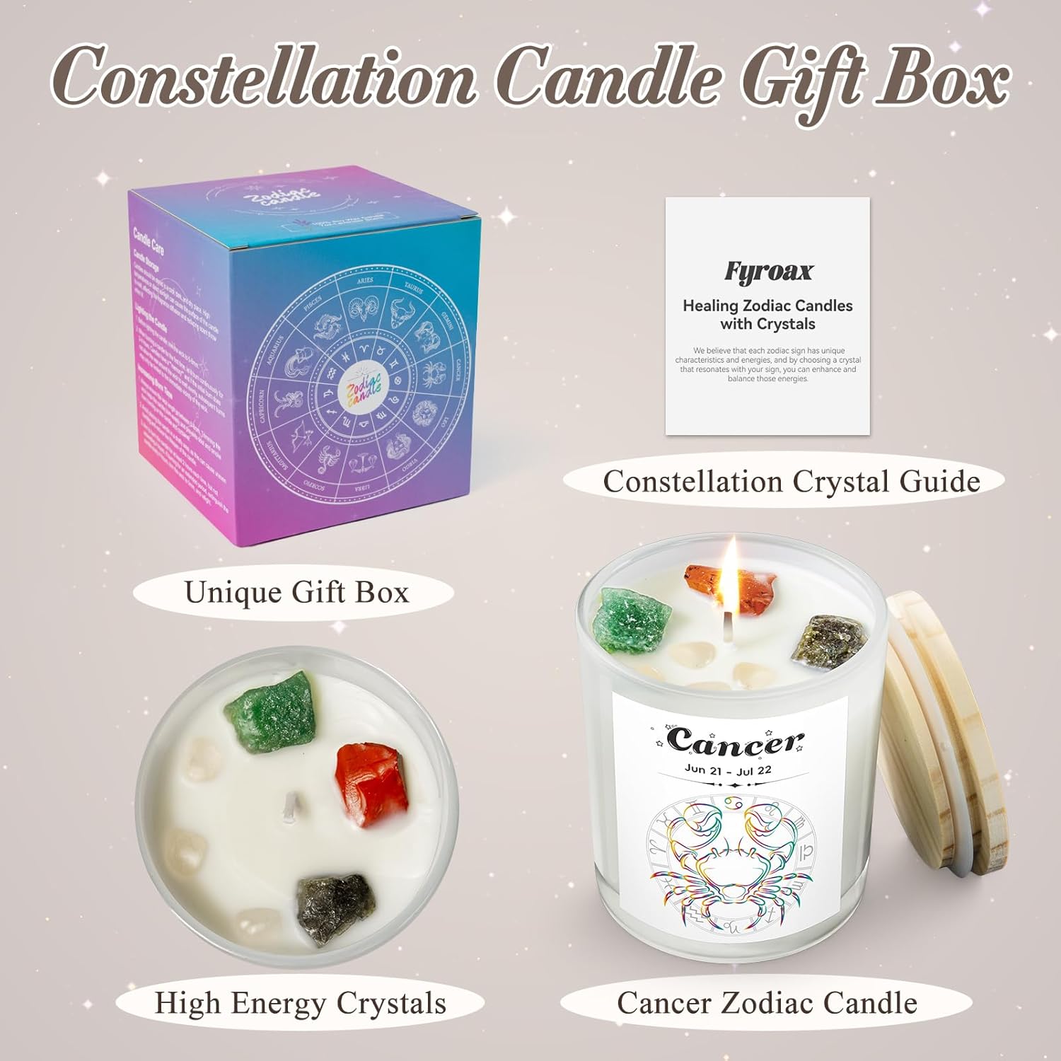 Cancer Gifts for Women, Zodiac Cancer Candle with Healing Crystals, Astrology Birthday Gifts for Women, Mom, Sister, Friends, Meditation, Yoga, Relaxation (7oz) - Image 2