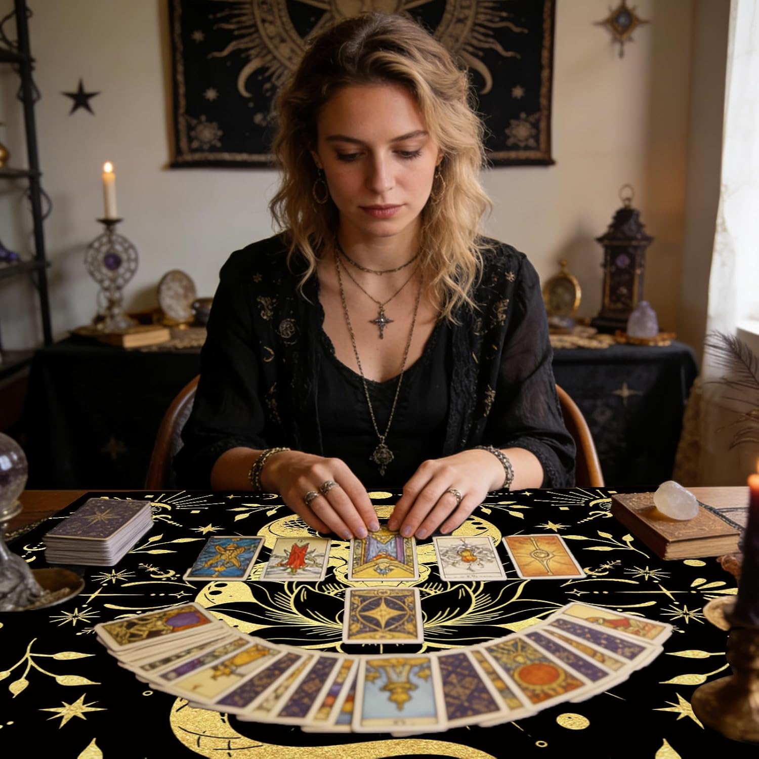 Tarot Altar Cloth Moon Snakes Lotuses Card Table Tablecloth | Black Tablecloth with Velvet Tarot Card Bag for Reading Rituals Crystals Spiritual Divination Witchcraft Supplies - Image 4
