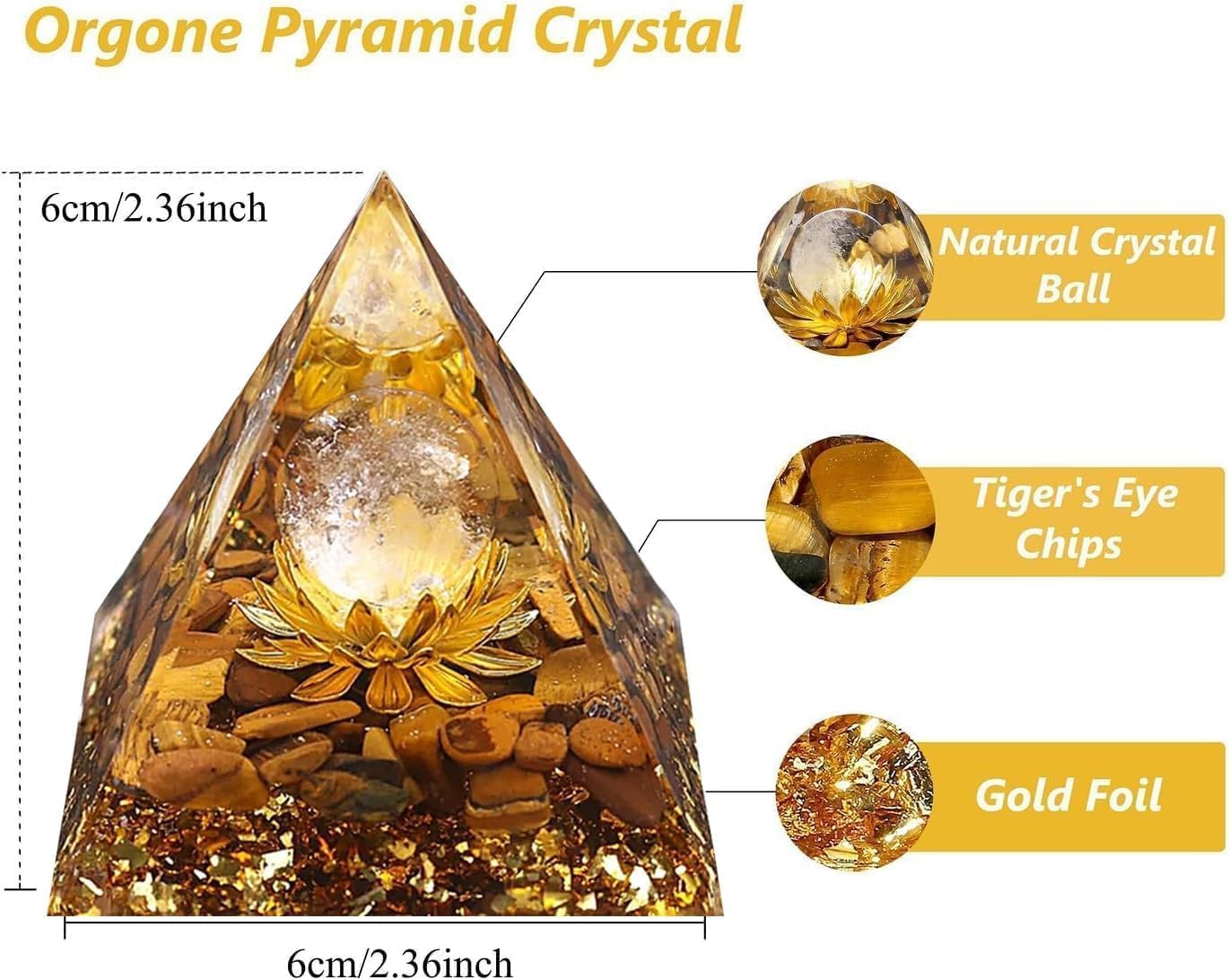 Orgone Pyramid Flower of Life Orgonite Money Healing Crystals Pyramid for Positive Energy with Tiger's Eye Stones and Luck White Crystal That Promotes Wealth, Prosperity and attracts Success - Image 2