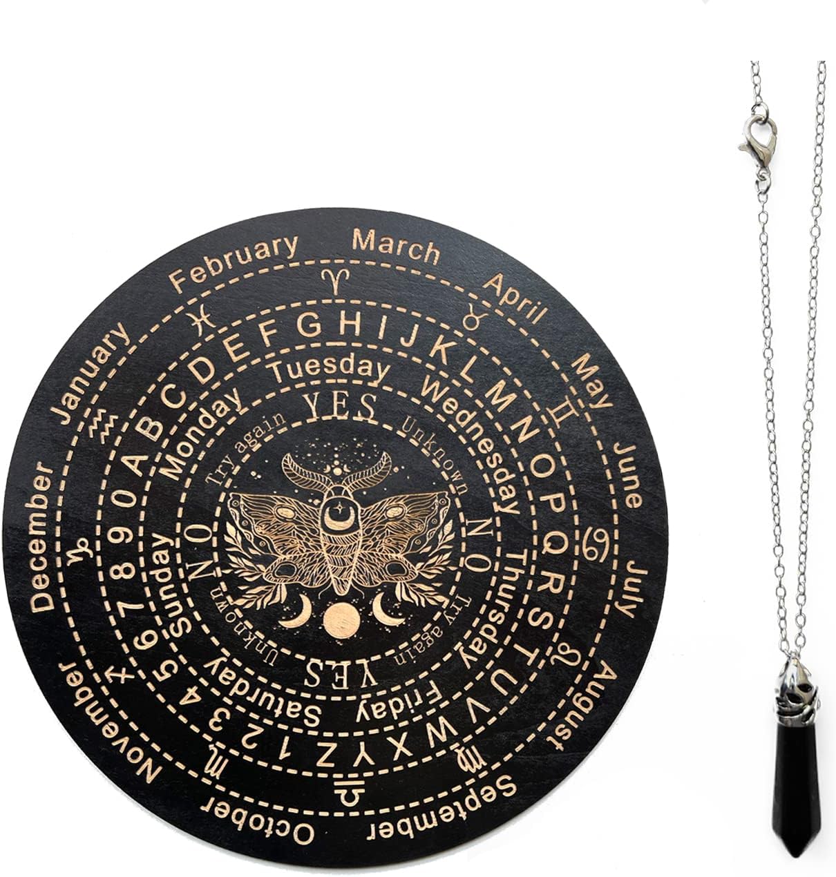 Golgner Wooden Divination, Wooden Pendulum Board Dowsing with Crystal Dowsing, Witchcraft Wiccan Altar Supplies Kit, Wooden Carven Board for Divination Decoration 9.8in